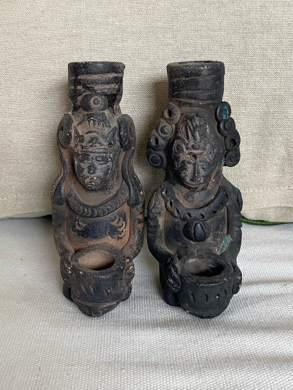 2 Vtg Mexican Barro Negro Candle Holders Pair - Mesoamerican Aztec Mayan Style